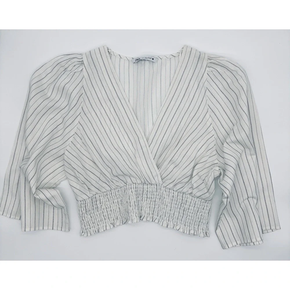 Zara Linen Blend Pin-striped Cross Wrapped Crop Top Smocked Waist 3/4 Puff XL